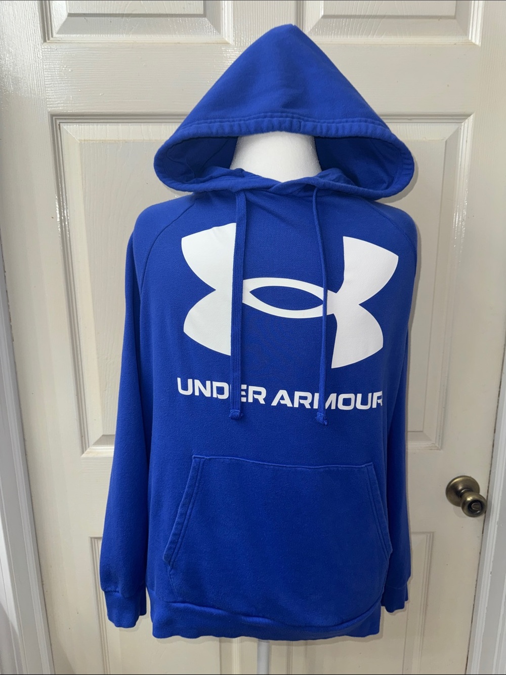 Under Armour Men’s ColdGear Royal Blue Pullover Hoodie with White Logo Medium